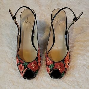 Linea Paolo red floral print fabric slingback heel. Size 9M